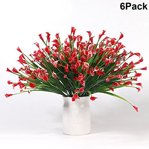 Y wang 6Pack Artificial Shrubs Fake Lily flowers Faux Red Flora Greenery Plants Plastic Bushes Indoor Outside Decor