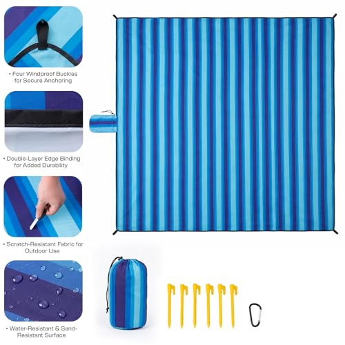 Beach Blanket Sandproof Waterproof, 213 x 213 cm (1-3 People ) Large Beach Mat with Stakes & Travel Bag, Lightweight,Quick-Dry,Portable Picnic Mat Beach Essentials for Outdoors,Cruise,Picnic & Camping