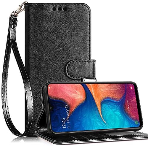 Youcover Samsung Galaxy A20 Case,Galaxy A30 Phone Case Wallet,Kickstand Wrist Strap Anti-Scratch Shockproof Card Holder Wrist Strap Magnetic PU Leather Stylish Protective Case-Black