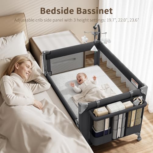 GAIVE 4 in 1 Baby Bassinet, One-Push Setup Pack and Play, Bedside Crib Sleeper with 3 Height Adjustable，Diaper Changer, Come with Comfy Mattress, Rotating Toy Bar, from Infants to Toddlers (Black)
