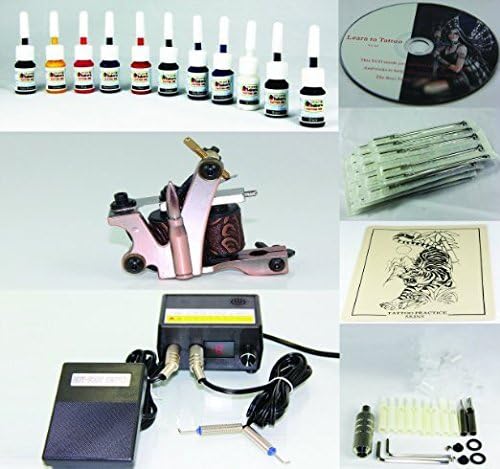 Complete Tattoo Kit Machine Gun 11 Color (Double Black) Inks + Needles + Power Supply (T2)