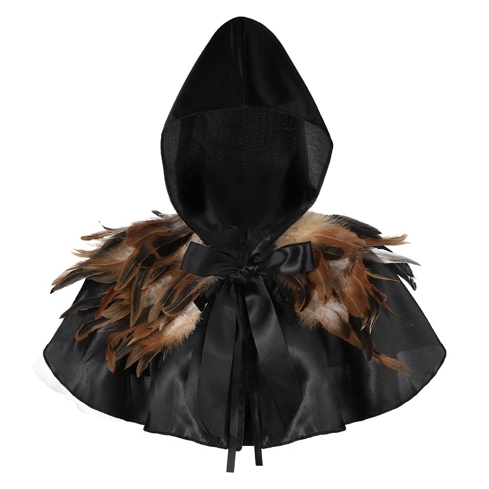 Gothic Medieval Cape Cloak Unisex Medieval Cowl Hat Hood Feather Cape Gothic Lacing Shawl Shrug Collar Mens Women Halloween Crow Maleficent Costume Cowl Vintage Friar Costume Death Devil Vampire Cloak