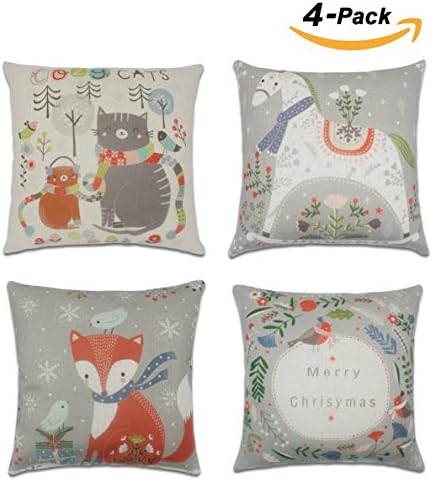 Sets of 4 Throw Pillow Case Covers Decorative with Zipper 18"x 18" Cute Animal's Christmas Cotton Linen Suquare Cushion Covers