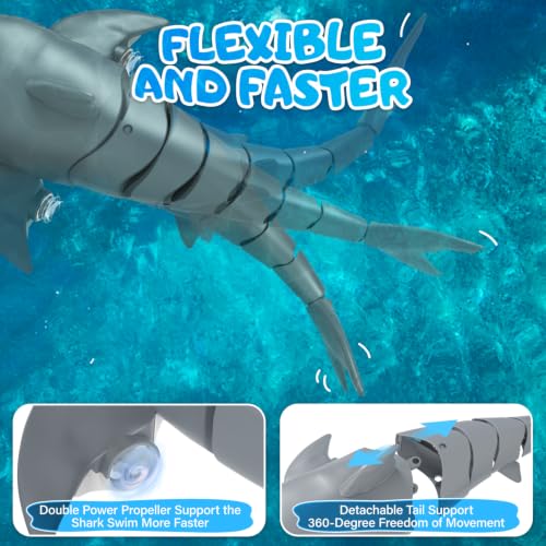 Tozinova Remote Control Shark Toy, 2.4 GHz Simulation Shark Toy Boat with LED Lights for Pools and Lakes, USB Direct Charging, Waterproof, 360°Rotate RC Shark Function for Kids Boys Girls 5 6 7 8 9