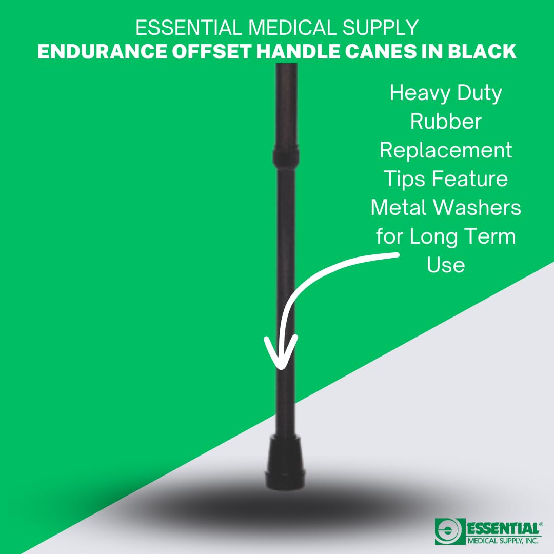 Essential Medical Supply Endurance Height Adjustable Offset Handle Walking Cane in Black with Soft Foam Grip and Wrist Strap - Sturdy Cane with 250lb Support and Stability for Adults and Seniors