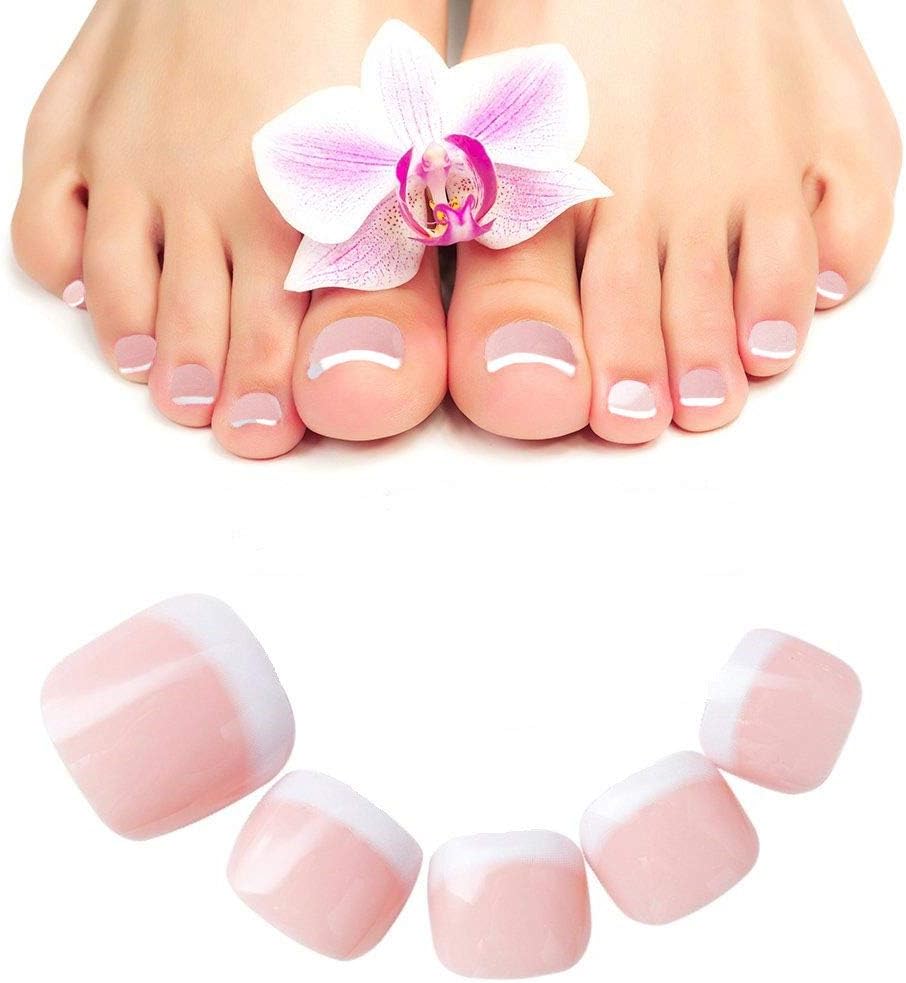 MISUD French Toenails 96pcs Natural Classic Full Cover Square Press-on Acrylic Nails Short Nude False Toenails for Women and Girls