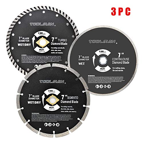 Toolman Circular Saw Blade Universal Fit 7" 5/8" 3PC Diamond Masonry Turbo For Tile Marble Concrete works with DeWalt Makita Ryobi