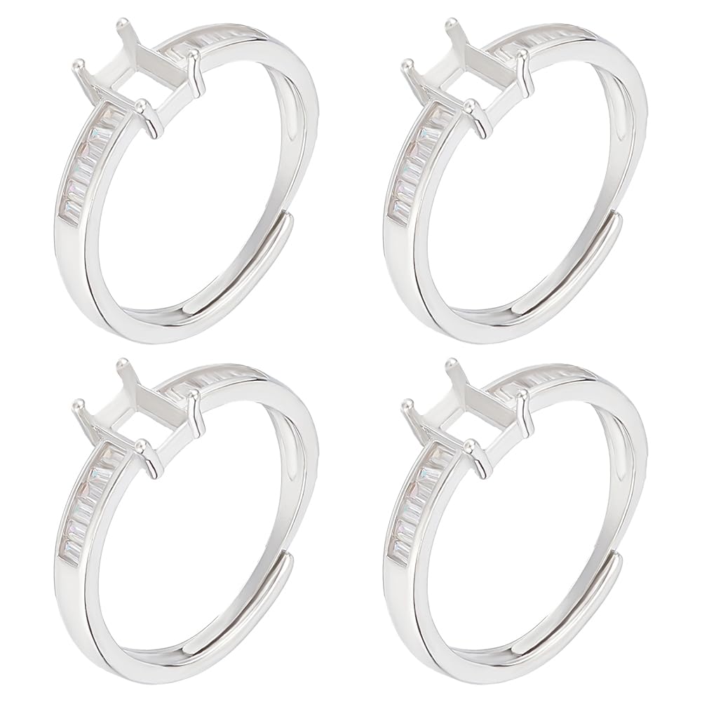 Beebeecraft 1 Box 4Pcs Prong Ring Blanks Sterling Silver Plated Cubic Zirconia Adjustable 4 Claw Prong Ring Settings Finger Components for Jewellery Making Kit Findings DIY Crafts