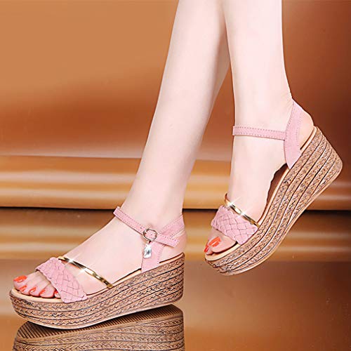 BEAUTYVAN Women's Summer Slip On Sandals Slingback Peep Toe Platform Wedge Rhinestone Dress Shoes Pink