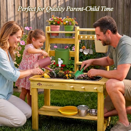 TOYWOO Mud Kitchen Children's Outdoor Play Kitchen, 3-in-1 Mud Table with Water Tank and Sink, Garden Play Kitchen Made of Finnish Wood for Boys Girls from 3 Years