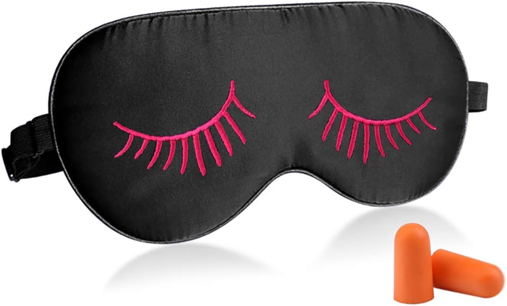 Fitglam Natural Silk Sleep Mask, Cute Sleeping Mask Eye Mask Eye Cover for Travel, Nap, and Meditation, Blindfold with Adjustable Strap for Men, Women, and Kids (Black with Rose Eyelashes): Health & Personal Care