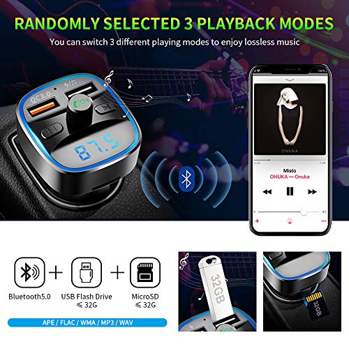 ZEXMTE Bluetooth FM Transmitter for Car QC 3.0 Wireless Bluetooth FM Audio Transmitter Adapter with Hands-Free Calling,Support USB Disk, Universal Bluetooth Transmitter Car kit