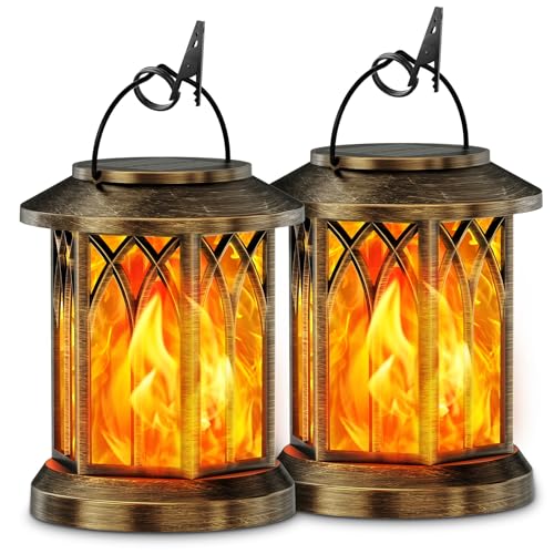 GEARLITE Garden Solar Lights for Outdoor Hanging, 2 Pieces Solar Lanterns for Outdoor Use with Realistic Flame Effects, IP65 Waterproof Solar Lights, Garden Decoration with Clips for Outdoor Yard (2, Bonze)