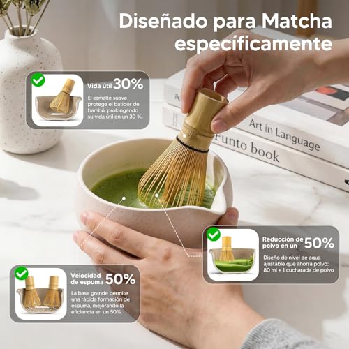 Kit de Té Matcha Tradicional, Juego de Té Matcha 8 Piezas – Tazón de Cerámica Artesanal, Batidor de Bambú, Soporte y Cuchara Kit Completo para Ceremonia de Té Japonesa en Casa (gris)
