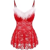 Adorneve Women's Sexy Lingerie Red Christmas Chemise Lace Babydoll with G-string