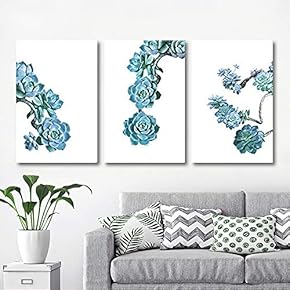 3 Panel Canvas Wall Art - Blue Succulent Plants on White Background - Giclee Print Gallery Wrap Modern Home Art Ready to Hang - 16"x24" x 3 Panels