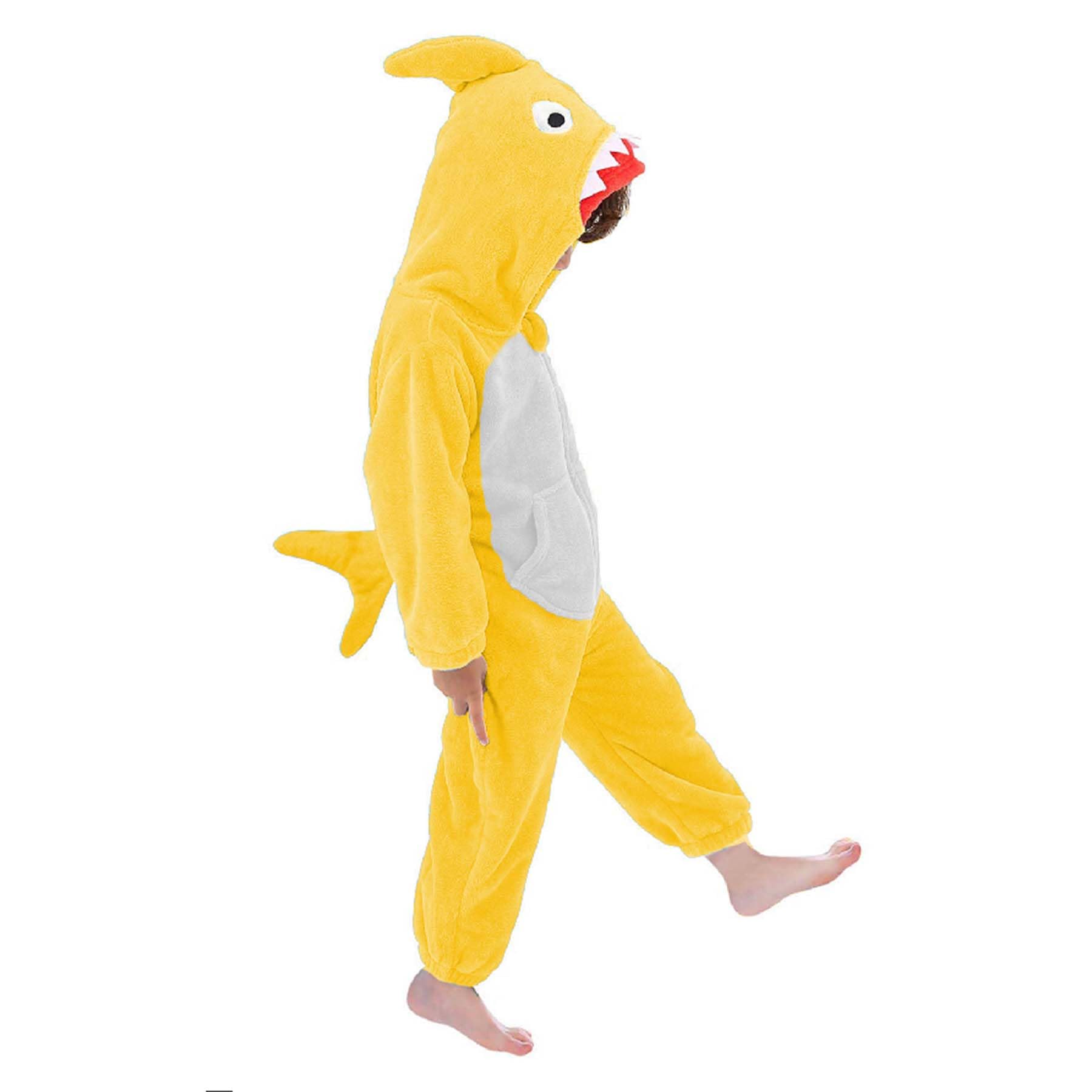 LOLANTA Kids Shark Costume, Animal Boys Union Suit, One-Piece Bodysuit Hooded Flannel Fancy Dress, Yellow, 6-7 Years, Tag L