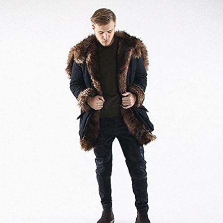 Lemumu Men's Casual/tägliche Arbeit einfach Winter Pelzmantel, solide Schal Revers Langarm lange Fuchspelz Waschbär Fell