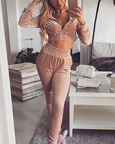 Minetom-Damen-Samt-Sportanzge-Jogginganzug-Kapuzenjacke-Kapuzenpullover-Sexy-Reiverschluss-Jacke-Mantel-Beilufig-Velours-Hose-2-Stck