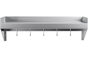 Halamine Stainless Shelf, 48 * 14 in Stainless Steel Shelf Wall Mounted, Commercial Kitchen Shelf Pot Rack Steel Floating Shelf with 5 Hooks, Microwave Wall Shelf with Backplash, Bar Shelf
