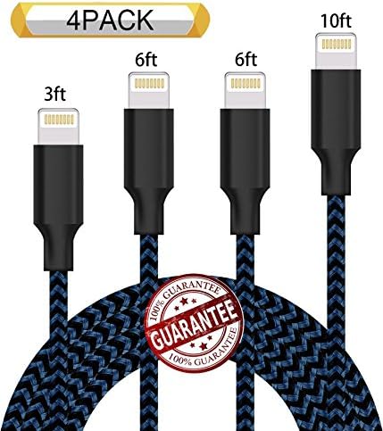 Zcen Lightning Cable 4Pack 3FT 6FT 6FT 10FT Nylon Braided Certified iPhone Cable USB Cord Charging Charger for iPhone X,8, 7, 7 Plus, 6, 6s, 6+, 5, 5c, 5s, SE, iPad, iPod, iPod Touch Black Blue