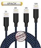 Zcen Lightning Cable 4Pack 3FT 6FT 6FT 10FT Nylon Braided Certified iPhone Cable USB Cord Charging Charger for iPhone X,8, 7, 7 Plus, 6, 6s, 6+, 5, 5c, 5s, SE, iPad, iPod, iPod Touch Black Blue
