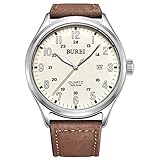 BUREI Men's Luminous Markers Expedition Date Quartz Watch with Brown Strap, Beige Dial