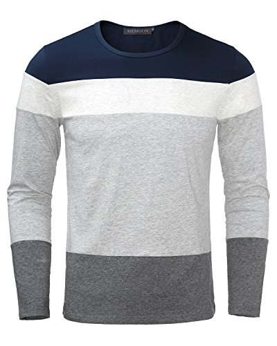 HEMOON Men's Basic Knit Crewneck Color Block Long Sleeve T-Shirt Top Navy L