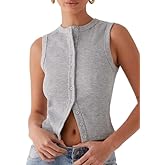Adoeren Women Button Up Tank Vest Trendy Casual Slim Fit Sleeveless Ribbed Shirt Y2k Going Out Crewneck Tank Tops Summer