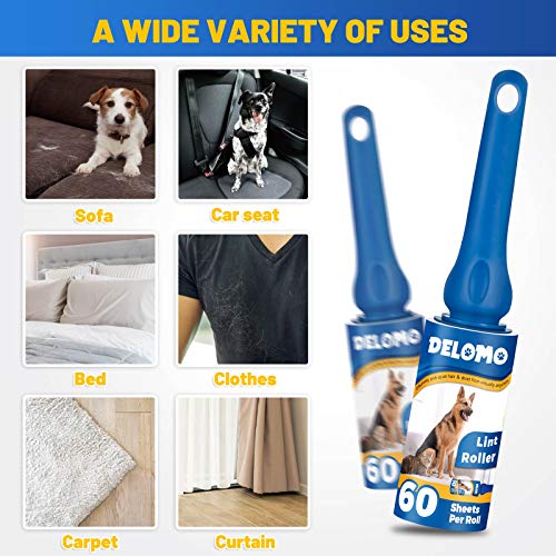 DELOMO Lint Rollers for Pet Hair Extra Sticky, Upgrade Portable Lint Roller with 3 Rollers + 6 Paper Rolls, 360 Sheets Total, Perfect for Furniture, Couch, Carpet, Car Seat & Clothing, Blue