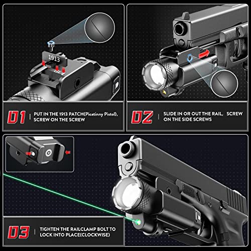SUPREUN 1500 Lumen Pistol Light,Tactical Flashlight Green Laser and White LED Combo with Weaponlight Tactical Strobe,Magnetic USB Rechargeable,Compatible with 1913 or GL Rail, Built-in Battery