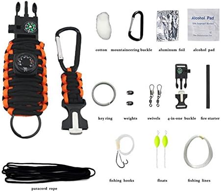 Emergency Survival Kits with Carabiner, Tin Foil, Fire Starter and Fishing Tools Survival Bracelet(orange)