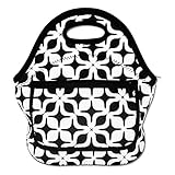 MangGou White & Black Geometric Pattern Waterproof Lunch Bags for Women fashion Reusable Insulated Lunch Boxes for School Work Office Picnic Travel Neoprene Lunch Tote with Side Pocket Zipper Closure