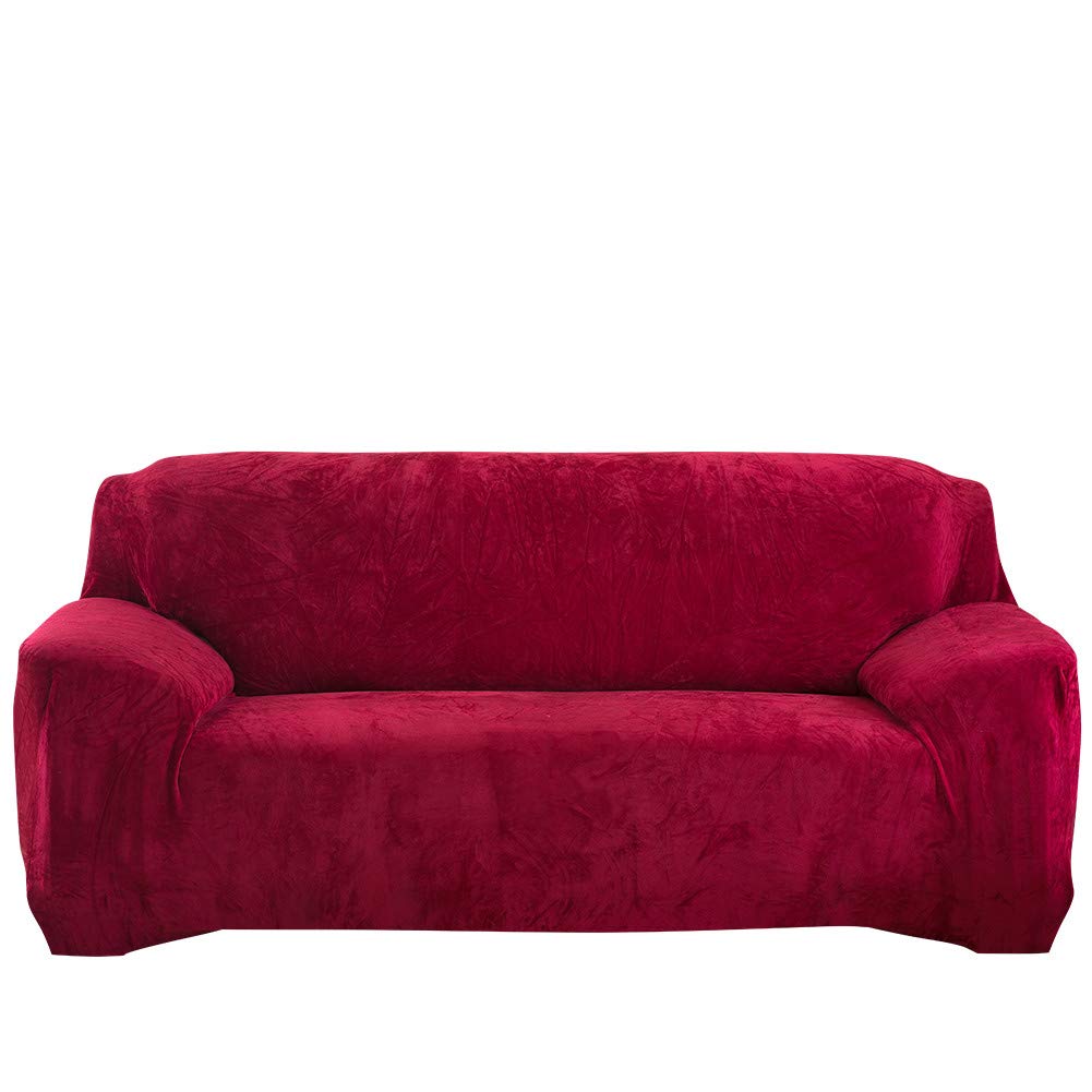 Hengweiuk Thick Sofa Covers, Premium Pure Color Sofa Protector 1/2/3/4 Seater Velvet Sofa Slipcover Stretch Easy Fit Stylish Furniture Cover Pet Dog Protector (Wine Red, 3 Seater/Sofa)