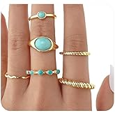 Quivox Boho Turquoise Rings for Women Trendy Gold Stackable Statement Rings Vintage Country Western Stone Ring Set Charm Simple Everyday Jewelry Accessories