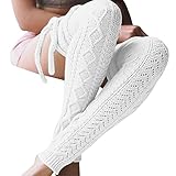 Leg Warmer, L&ZZ Women Thigh High Tie Cable Knit Crochet Long Boot Socks (One Size, White)