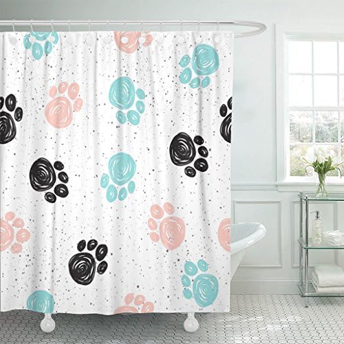 MAYTEC Shower Curtain Puppy Doodle Dog Paw Black Blue Pink Track Abstract Placard Diary Album Sketch Domestic Animal Cat Pop Waterproof Polyester Fabric 72 x 72 inches Set with Hooks