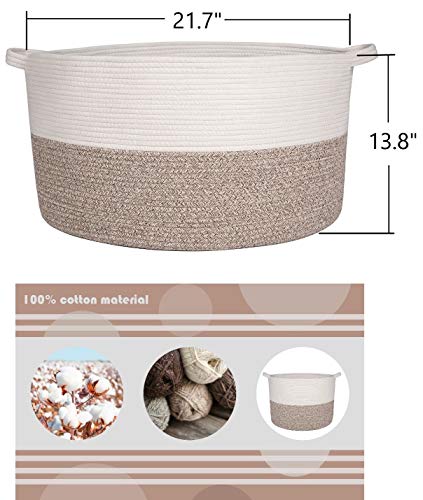 Bambiso XXXLarge 21.7" X 21.7" X 13.8" Cotton Rope Basket, Woven Baby Laundry Basket for Blankets with Handle, Kid Toy Bin, Throw Blankets and Clothes, Hamper or Floor Basket for Nursery