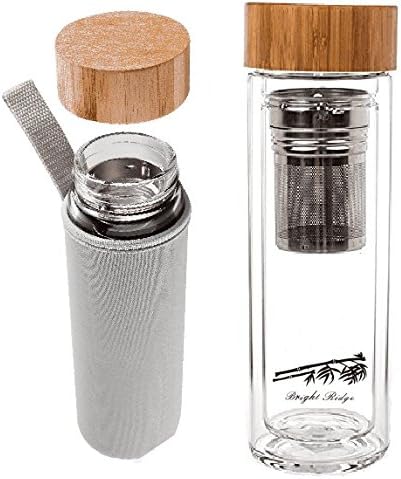 Bright Ridge 420ML Double Wall Glass and Bamboo Bottle w/Tea Diffuser and Protective Sleeve