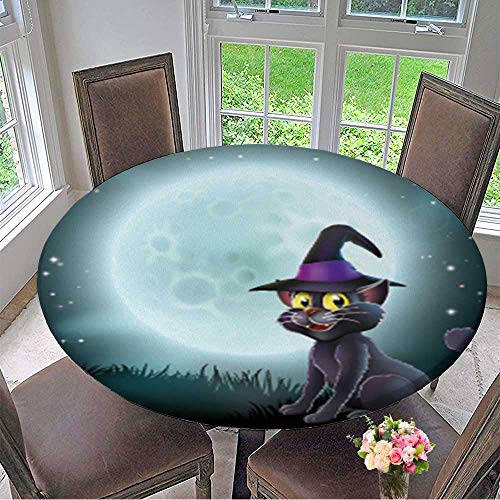 Mikihome Elasticized Table Cover of a Halloween Witch cat in a Pointy hat in Front of a Big Full Moon on a Misty Night Machine Washable 31.5"-35.5" Round (Elastic Edge)