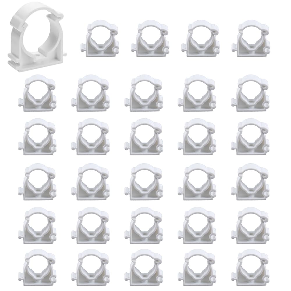 RHQFDM 30 Pieces PPR Pipe Clamps 20mm Tubing Clips White Plastic Water Pipe Fixed Clips Universal Single Pipe Clip Snap Single Hinged Pipe Clamp for Kitchen Swimming Pool,Bathroom Pipe Fitting