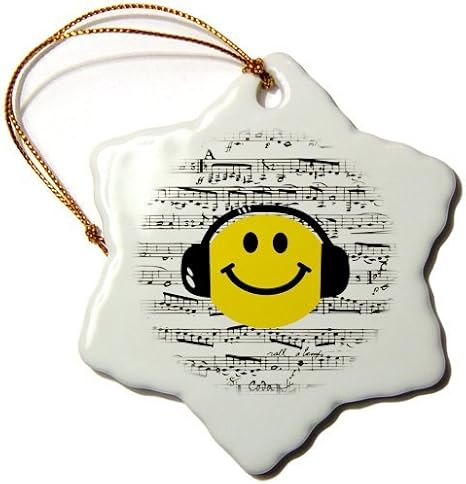 Amazon 4dxs スノーフレーク オーナメント イエロー スマイリーフェイス 音楽を聴くヘッドホン 音符 シート Happy Dj Deejay Snowflake オーナメント 磁器 インテリア オンライン通販