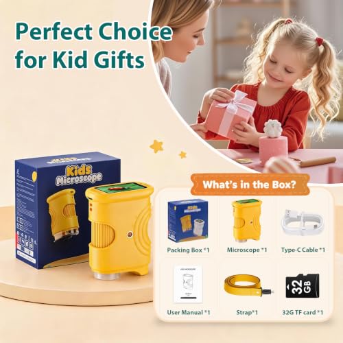 PINREK Kids Microscope 1000X Digital, Handheld Adventure Microscope for Kids, Pocket Microscope Video Record with 32G Memory Card, Portable Magnifying Glass Miniscope, Great Gift for Boys Girls