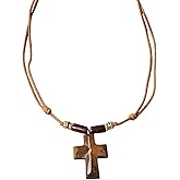BlueRica Hand Carved Wood Cross on Adjustable Light Brown Cord Necklace