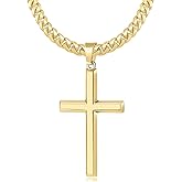 BWDIPCYC S925 Sterling Silver / 14K Gold Plated Beveled Edge Cross Necklace for Men Women with 5mm Diamond Cut Cuban Link Chain, Fashionable Men's Crucifix Pendant Chain Necklaces 16-30 Inches