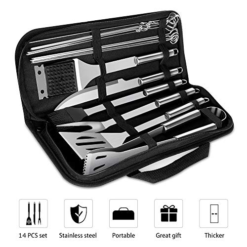 meicent Grill Accessories BBQ Tool Set, 14 PCS Stainless Steel Grilling Utensils Set with Knife, Fork, Brush, Spatula,Tong,Skewers,Barbecue Kits for Camping, Grilling