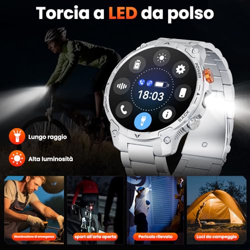 Orologio Uomo Militare, 1000 mAh Batteria Smartwatch, Due Cinturini, Schermo HD 1,75", Torcia LED, 100＋ Modalità Sportive, Monitoraggio della Salute, Chiamate Bluetooth per iOS Android (Argento)