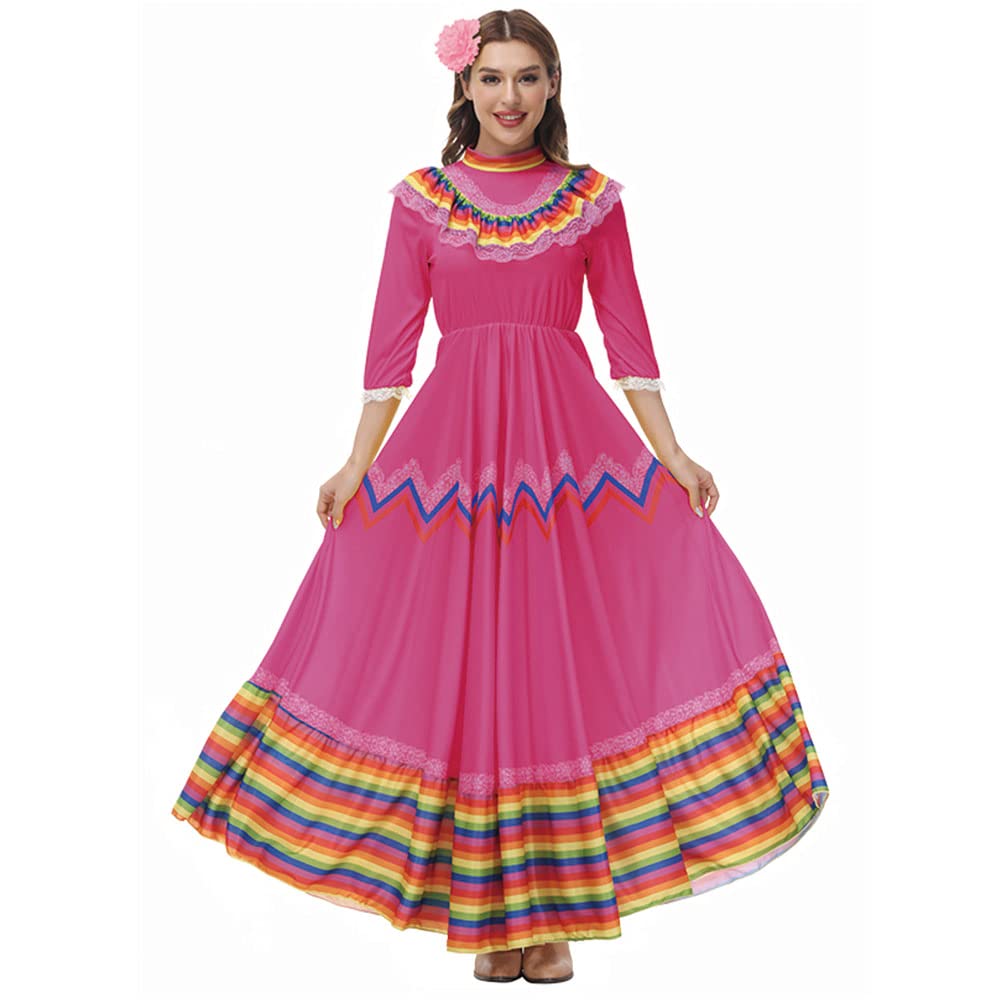 Photo 1 of Women Mexico Costume Dress for Big Girl Halloween Traditional Senorita Dance Folk Style Cinco De Mayo Fiesta Flower Headwear (Rose Red, X-Large)