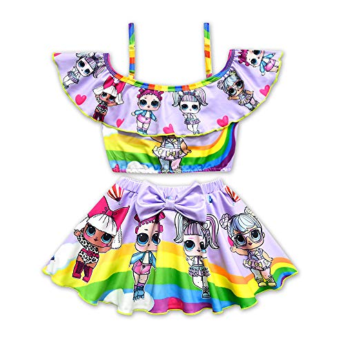 Rohero Toddler Baby Girls Swimsuits Two Piece Doll Print Ruffle Swimwear Bathing Suit for Doll Surprised (120cm/ 4-5Y, Rainbow Purple)