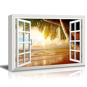 Creative Window View Canvas Prints Wall Art - Sunrise on The Oceanside - 24" x 36"